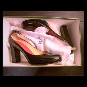 Kate Spade black patent leather heels with pink.